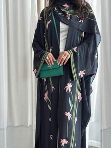2pcs Modest Printed Cardigan & Headscarf Set, Middle Eastern Dubai Style Abaya Wedding Black Spring - Black - View 4