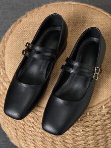 MonaNise 女士3厘米布面包跟黑色时尚百搭玛丽珍低跟粗跟优雅平底鞋，另有藏蓝色、咖啡色、酒红色可选 - 黑色 - 查看 4