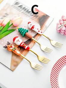 1 set de vaisselle pour fête de Noël, set de cuillère et fourchette en acier inoxydable avec personnages de Noël, 4 pièces de cuillère et fourchette à fruits en acier inoxydable créatives