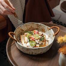 1pc 8"/10" Vintage Handmade Coarse Pottery Rope Handle Bowl, Retro Deep Plate, Housewarming Bowl, Fruit Bowl