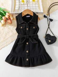Váy midi không tay denim giản dị mùa xuân và mùa hè cho bé gái, phù hợp cho trang phục thời trang thường ngày hàng ngày của bé gái - màu đen - Xem 2