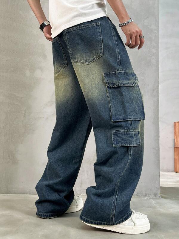 Calça Denim Cargo Masculina com Vários Bolsos, Denim Vintage Desgastado e Rasgado, Casual de Rua Estilo Y2K de Perna Larga