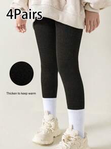 1pc Thermal Lined Solid Color Stirrup Tights For Kids, Warm And High Elasticity, Fit For Autumn/Winter, Can Be Worn As Pants - Black - View 18