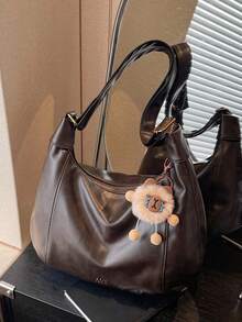 时尚百搭的优雅新月形手提包，简约高品质大容量单肩包，休闲复古高性价比女士斜挎包，配有可爱毛绒吊坠，适合通勤、工作和户外购物。 - 咖啡 - 查看 8