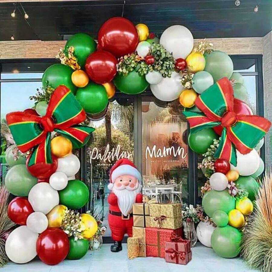 Kit arco di palloncini natalizi - palloncini rossi e dorati con fiocco natalizio a righe, palloncini in poliestere e foil, per compleanno, matrimonio, decorazione natalizia, feste invernali, forniture per feste di Natale