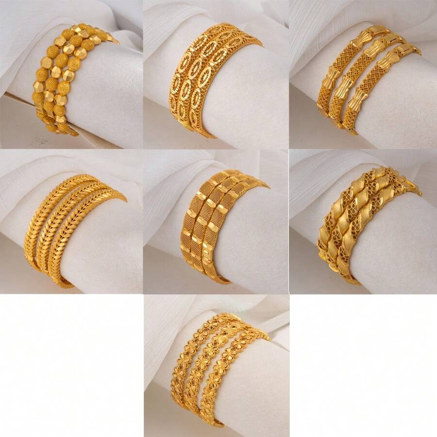 1 件 24K 镀金女士时尚手链，非洲//尼日利亚传统奢华开口手镯，适合新娘婚礼派对，珠宝配饰 - 金色 - 查看 1
