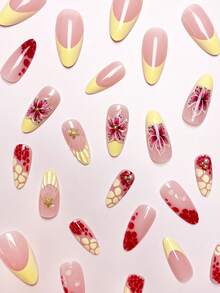 24片/套 法式杏仁形3D立体花朵波点美甲贴纸，含胶水和指甲锉，打造浪漫甜美的日常美甲和约会美甲造型。 - 彩色 - 查看 3