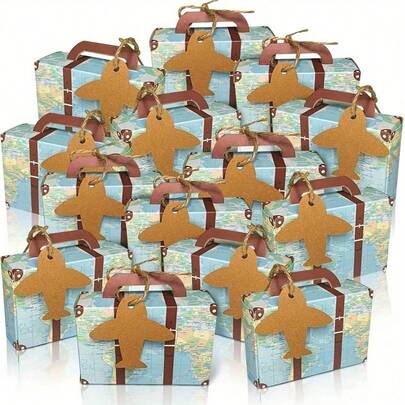 50 pezzi Scatole porta caramelle a forma di valigetta vintage con stampa del mondo, con etichette e cordini - perfette per viaggi, compleanni, Ognissanti, feste di Natale, festa per la sposa e decorazioni matrimoniali