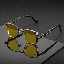 1 Pair Of Stylish Square Fashion Glasses For Men And Women - Gold Metal Frame, Black Accessories, Green Gradual Change Lenses, Perfect For Music Festivals And Street Photography, Festival Glasses | Modern Glasses | Durable Glasses - 黃色 - 查看 2