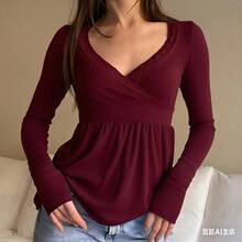 Women Y2k V Neck Lace Trim Long Sleeve Shirt Fairycore Slim Fit Ruffle Ribbed Knit Peplum Top Aesthetic Fall Clothes - Màu Đỏ Sâu - Xem 3