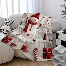 [Cozy Blanket] Soft & Warm Cozy Snowman & Tree Pattern Flannel Blanket| Anti-Ball Design, Sofa, Bed, Office Or Travel, Festive Holiday Decor, Decorations 280gsm Room Decor Home Essentials Decor Bedroom
