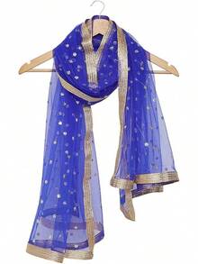 Woman's Embellished Net Dupatta Scarf Shawl Wrap Soft Bridal Wedding - 寶藍色 - 查看 5