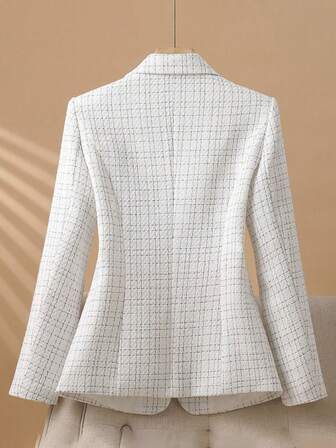 女士休闲格子西装外套，百搭修身白色西装外套