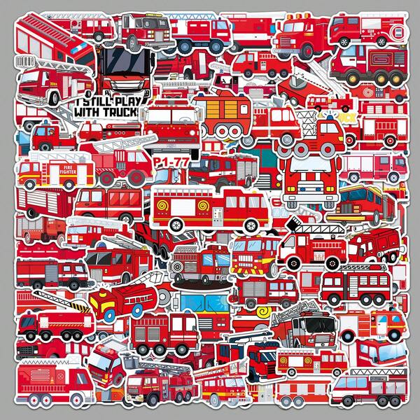 100 Stück Feuerwehrauto Aufkleber Ästhetische Vinyl Aufkleber Dekorationen für Sammelalbum, Tagebuch, Stoßstange, Skateboard, Wasserflasche, Cartoon, Schutzhelm, Auto