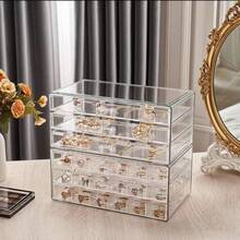 1 Peça Caixa de Armazenamento de Joias Portátil de Acrílico Transparente com 3 Camadas Empilháveis e Tampa, Estojo de Exibição para Mesa com Gavetas para Guardar Anéis, Brincos, Colares, Pulseiras, Relógios, Canetas, Marcadores, Peças Pequenas