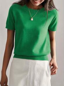 女式轻薄纯色短袖针织T恤，简约夏季上衣 - 綠色 - 查看 3