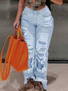 Women's Custom Double Layer Ripped Street Straight Jeans - 淺色水洗藍 - 查看 3