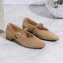 Sapatilhas de bailarina femininas elegantes, confortáveis, estilo balé, bico quadrado, tira preta, minimalistas, adequadas para festas, banquetes, feriados, boates, saltos grossos versáteis - Caqui - Ver 6