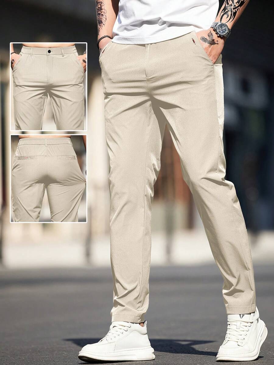 Men's Solid Color Pockets Casual Slim Fit Tapered Pants, Commuting & Leisure Wear - Apricot - View 1