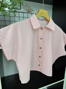 ELLIE Casual Striped Print Loose And Cropped Shirt - 淡粉紅色條紋 - 查看 3