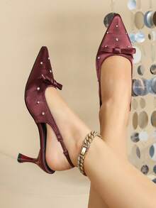 Zapatillas de satén con lazo y punta cerrada para mujer, zapatos de tacón alto con rhinestones y punta puntiaguda, elegantes bailarinas - Burdeos - Ver 4
