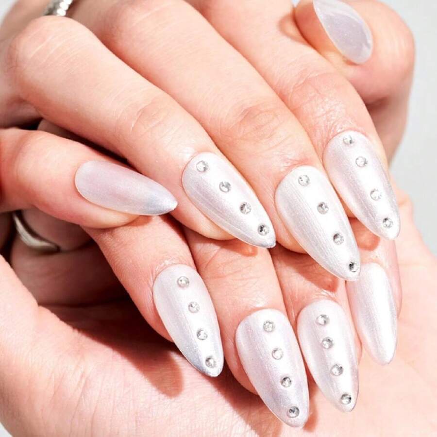 Nude White 3D Press On Nails Medium Almond, Rhinestone Handmade Jelly Gel Fake Nail Stiletto Kit, Ombre Glitter Magnetic Glue On Nail Short Oval, Normal Stick On False Nail Set For Women,17114298 - 紅白色 - 查看 1