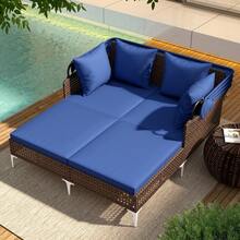 Lifezeal Outdoor Rattan Double Daybed With Retractable Canopy & Seat Back Cushions - Màu xanh hải quân - Xem 3