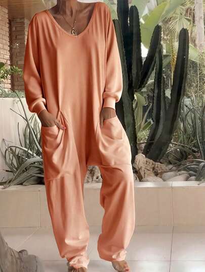 1pc Solid Color Knit Fabric Pocket Jumpsuit, Long Sleeve, Suitable For Holidays, Weddings, Vacations, Everyday Wear, Dates, Autumn/Winter Spring