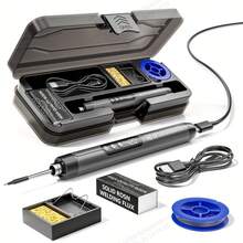 مُلحم رقمي USB مع شاشة LCD، زر ضبط درجة الحرارة، سلك ملحم، حامل ملحم، ماصّ قصدير، روزين، صندوق تخزين