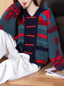 Alicedudu Women's Casual Minimalist Chinese Style Holiday Knit Cardigan, Autumn/Winter - Multicolor - View 3