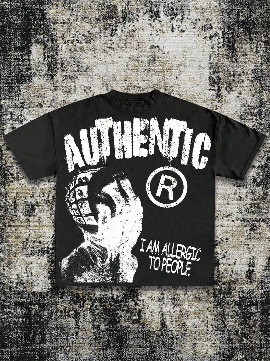 (220 Cotton T-Shirt)Men's Y2K Retro Graphic T - Shirt - "AUTHENTIC" & "I Am Allergic To People" Slogan, Loose Cotton Tee - 黑色 - 查看 1