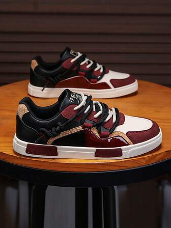 Zapatos de skate para hombres, zapatos de skateboarding de estilo casual de calle con contraste de color, nueva moda con parte superior de cuero de dos tonos, adecuados para fiesta, casual, vacaciones, viaje, todo el año, con cordones, suela gruesa, zapatillas de deporte casual de estilo callejero personalizadas para exteriores, talla extra grande 47