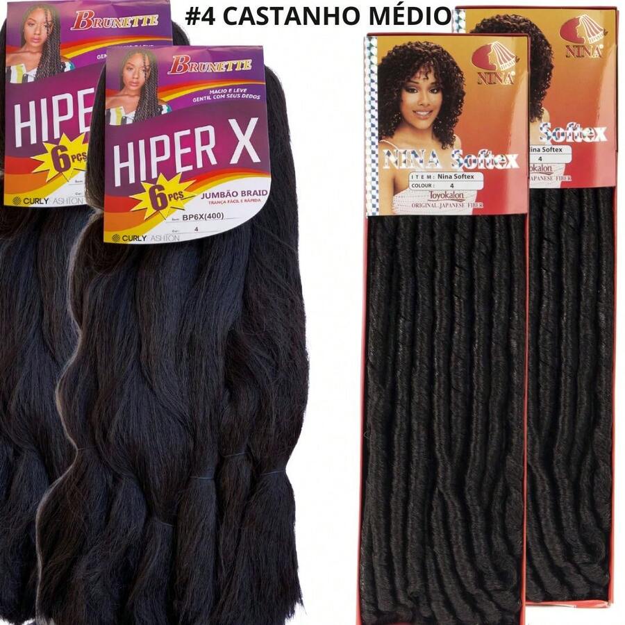 Kit 2 Jumbo Hyper X Hair + Nina Softex And Needle Braids Box Braids Curls Crochet Braids - MARRÓN MEDIO #4 + Aguja - Ver 1
