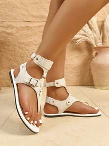 Damen Vintage einfarbige Lässig Zehentrenner Sandalen, Schnürung, vielseitige Outdoor Sandalen - Weiss - Übersicht 4