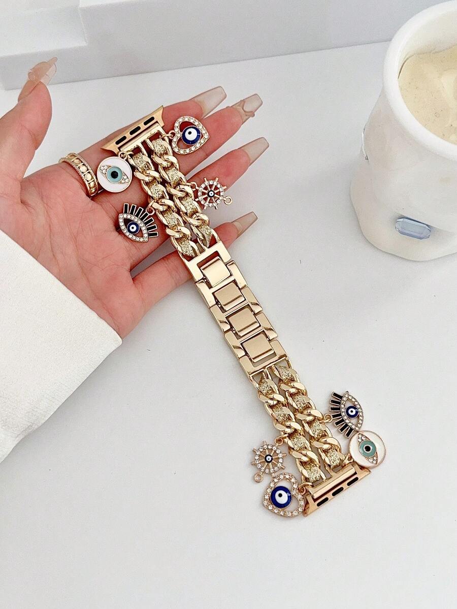 1 pieza Correa de reloj de metal de moda con doble cadena y colgante de ojo malvado, estilo para mujer, compatible con Apple Watch Series 11/10/9/8/7/SE/6/5/4 Ultra1/2/3, tamaño: 38/40/41/42/44/45/46/49mm, correa de reloj inteligente, se puede usar como pulsera o brazalete, regalo perfecto para novia, adecuado para Año Nuevo, Navidad, cumpleaños y otras ocasiones.