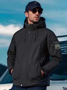 Men's Drawstring Hooded Solid Color Jacket, Fashionable Simple Windbreaker Coat - Black - View 3