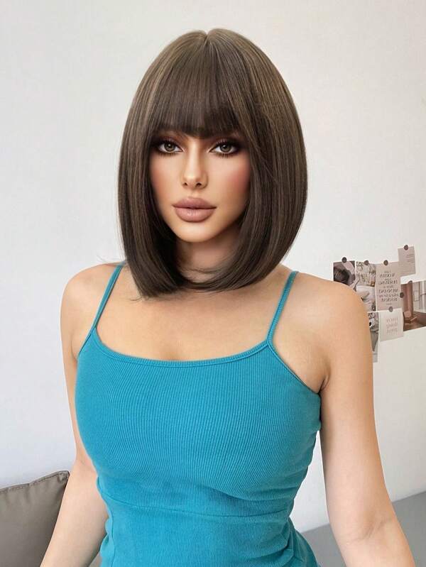 1 Synthetic Heat-Resistant Wig, Black Brown Short Straight Wig With Bangs, 16 Feet Long, Made Of Fiber, Suitable For Daily Use, Natural Simulation Wig