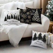 1 Stück/4 Stücke Schwarz & Weiß Weihnachtsbaum & Schneeflocken Muster Kissenbezug, einseitig bedruckter Kissenbezug, geeignet für Wohnzimmer, Schlafzimmer, Heimdekoration, ganzjährig