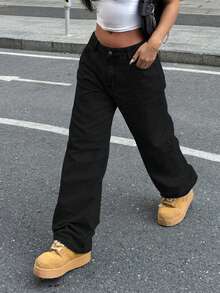 Medium Waist Women's Wide Leg Jeans In Plus Size, Straight Leg Shape, Loose Elastic, Comfortable, Classic And Casual With Pockets(The Size Is Too Large, It Is Recommended To Take A Smaller Size) - màu đen - Xem 5