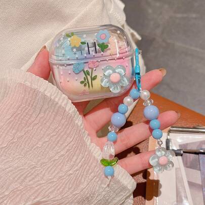 Compatible With Samsung Galaxy Buds2 Pro/3 Pro Bluetooth Earphones Case, Compatible With Samsung Galaxy Buds2/3/Live/FE/Pro Bluetooth Earphone Case, Rendering 3D Blue Floral Niche Cute Creative Transparent Soft Case Anti-Drop Girly Soft Case + Pendant