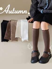1双/3双儿童秋冬针织条纹过膝袜，女童过膝袜 - 彩色 - 查看 1