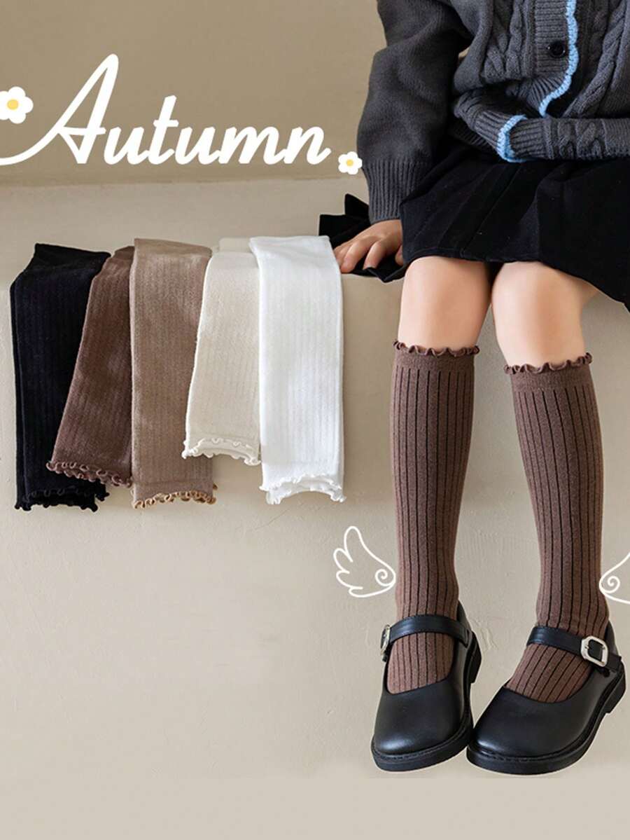 1双/3双儿童秋冬针织条纹过膝袜，女童过膝袜 - 彩色 - 查看 1