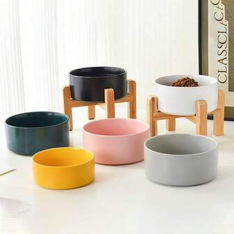 Elevated Ceramic Cat Bowl Raised Dog Dish Non-Slip Cat Food Bowl With Bamboo Stand Dog Food Water Set Anti Vomiting, Stress Free For Medium Dogs