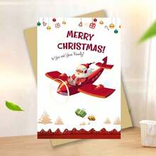 1 buc., Felicitare festivă de Crăciun cu avionul lui Moș Crăciun, Design de desene animate, Hârtie, Felicitare personalizată pentru prieteni, familie și cei dragi, Ideală pentru invitații și urări de sărbători, Sezonul Crăciunului