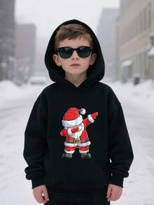 Young Boy Santa Claus Print Hooded Fleece Sweatshirt, Christmas Gift - Black - View 1