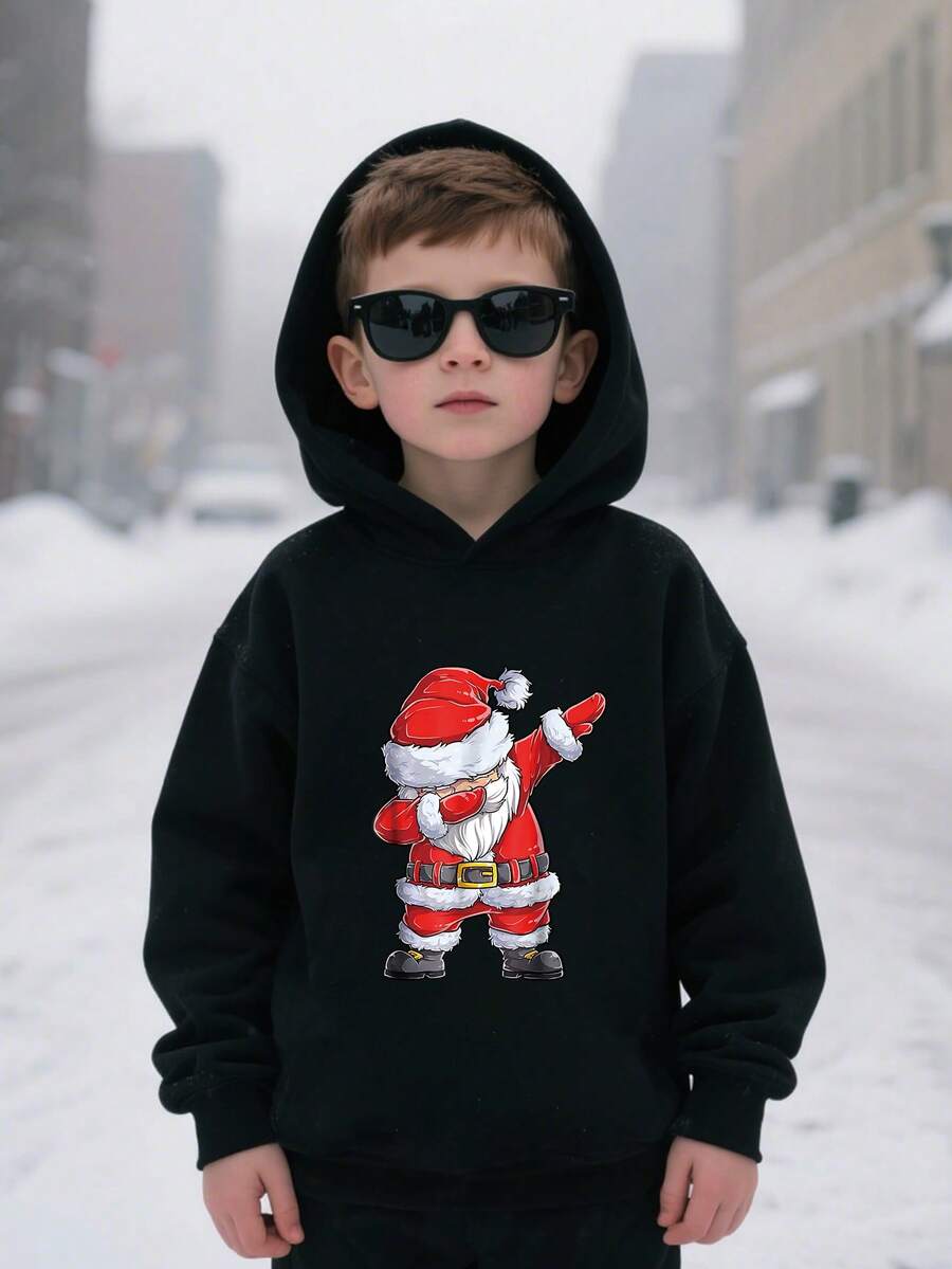 Young Boy Santa Claus Print Hooded Fleece Sweatshirt, Christmas Gift - Black - View 1