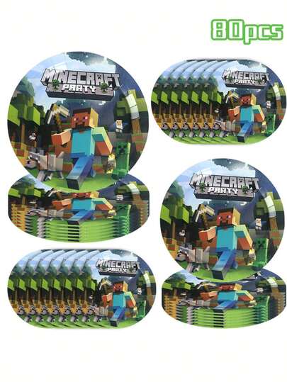 40/80 قطعة من أطباق الورق القابلة للتخلص منها بحجم 7 بوصة و9 بوصة ذات تصميم ألعاب إلكترونية بطابع Minecraft، مناسبة للزينة في المناسبات كالأعياد والعطلات والأعراس والتجمعات العائلية