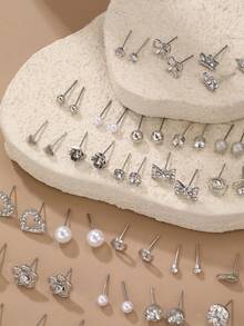 30pcs/Set Minimalist Bow, Flower, Pearl & Metal Cute Sweet Style Earrings Set For Girls - Silver - View 4