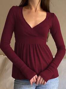 Women Y2k V Neck Lace Trim Long Sleeve Shirt Fairycore Slim Fit Ruffle Ribbed Knit Peplum Top Aesthetic Fall Clothes - Màu Đỏ Sâu - Xem 2