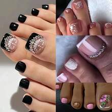 4 Boxes (96 Pieces) | Short Rounded Square Patch False Nail Set - Women's Full Coverage Nail Art, Pink Flower Glitter Pedicure Design - 混合色 - 查看 1